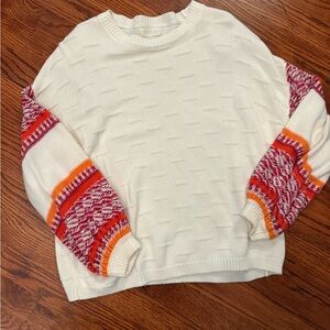 Roolee White Sweater with Red and Orange Accent Sleeves